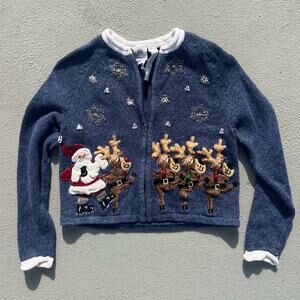Vintage Santa and Reindeer Tiara Blue Cardigan Ugly Christmas Sweater Size 7